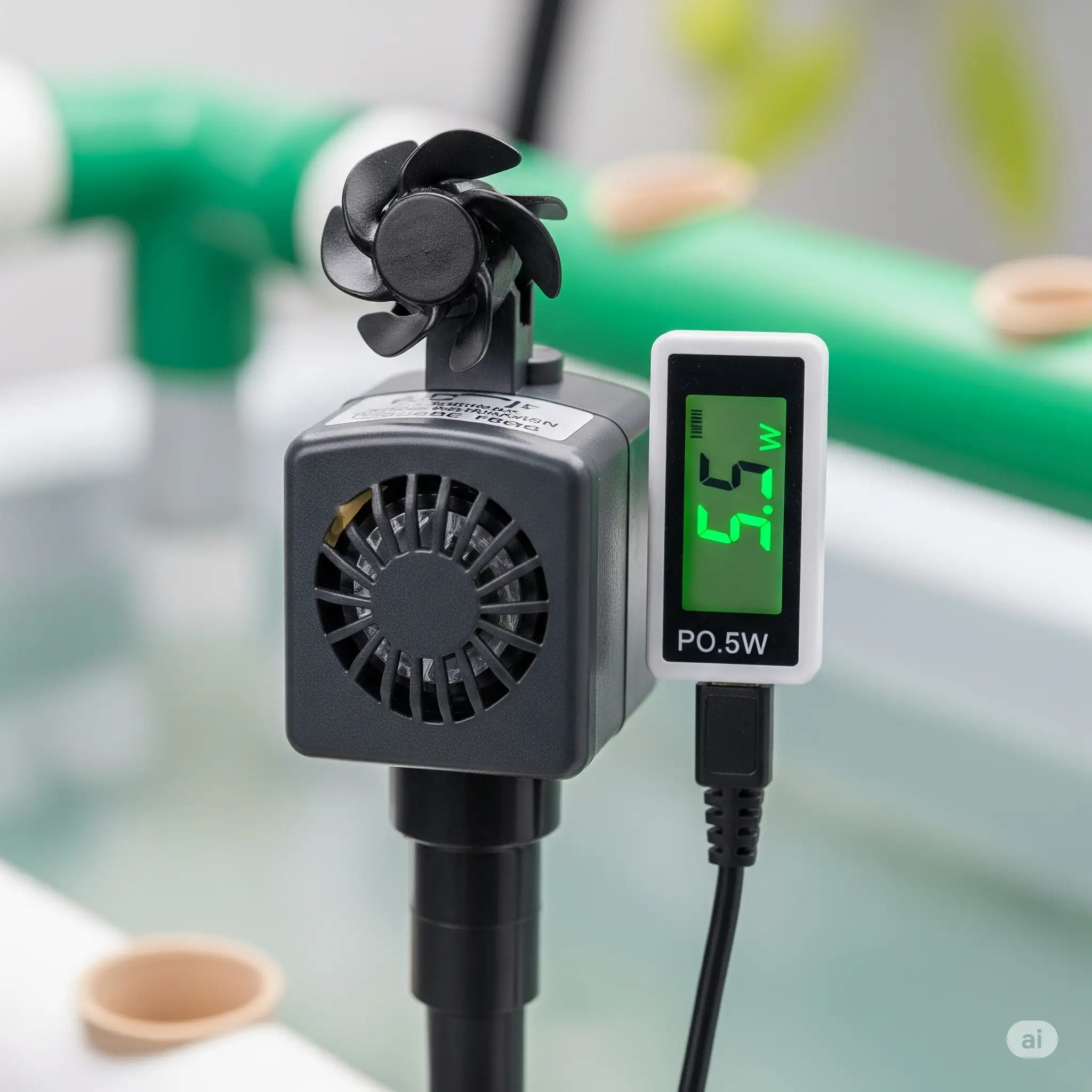 Hydroponic Power Savings: Cut Electricity by 40% 2 A close-up shot of a small DC hydroponic pump with a power meter reading a low wattage, demonstrating its efficiency.