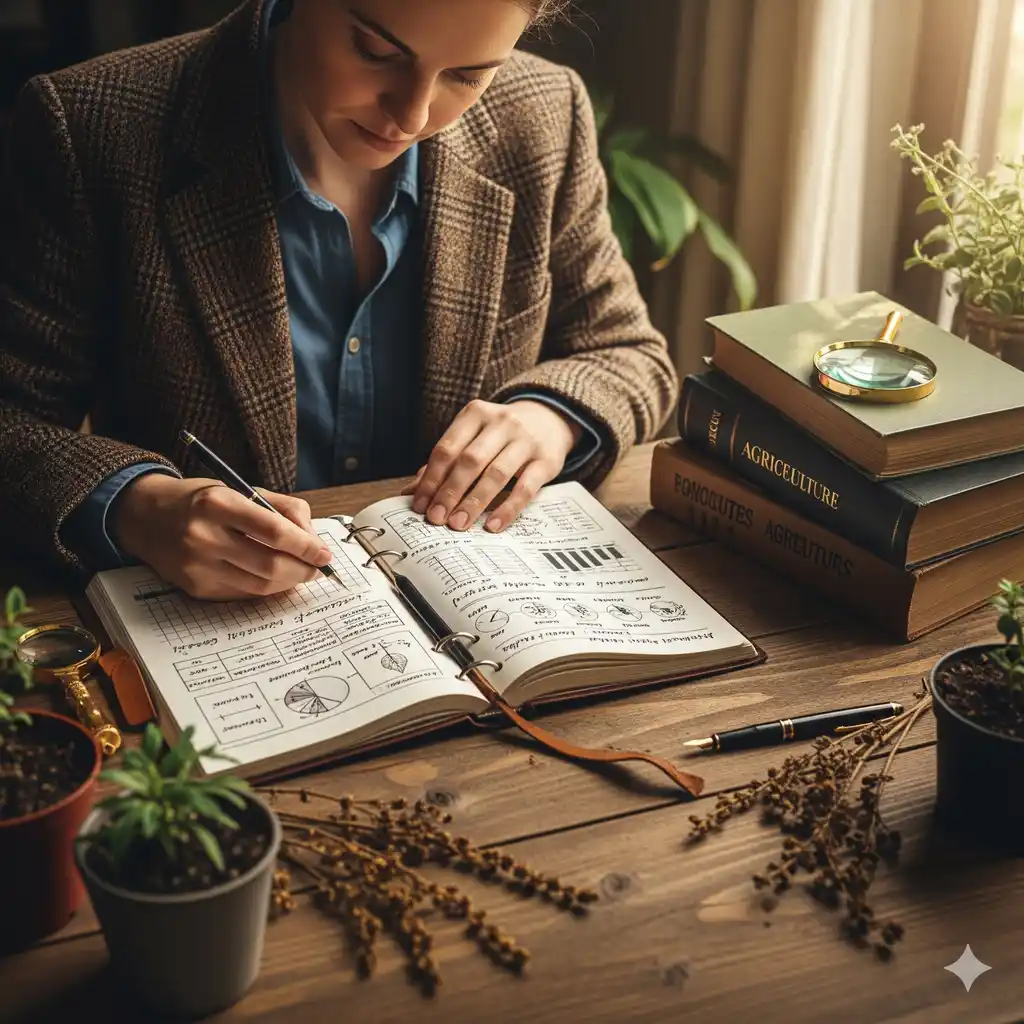 An overhead shot of a person seated at a wooden table, meticulously writing in a journal. The journal contains charts and notes about plants. Surrounding the journal are potted plants, books, and a magnifying glass.