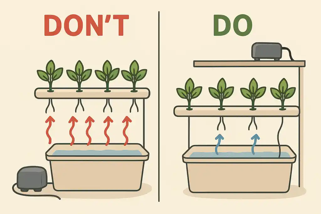 DWC Air Pumps 2025: Silence Your Grow Room Without 3 A "Do vs. Don't" image. The "Don't" shows a pump next to a reservoir with red heat arrows going into the water.