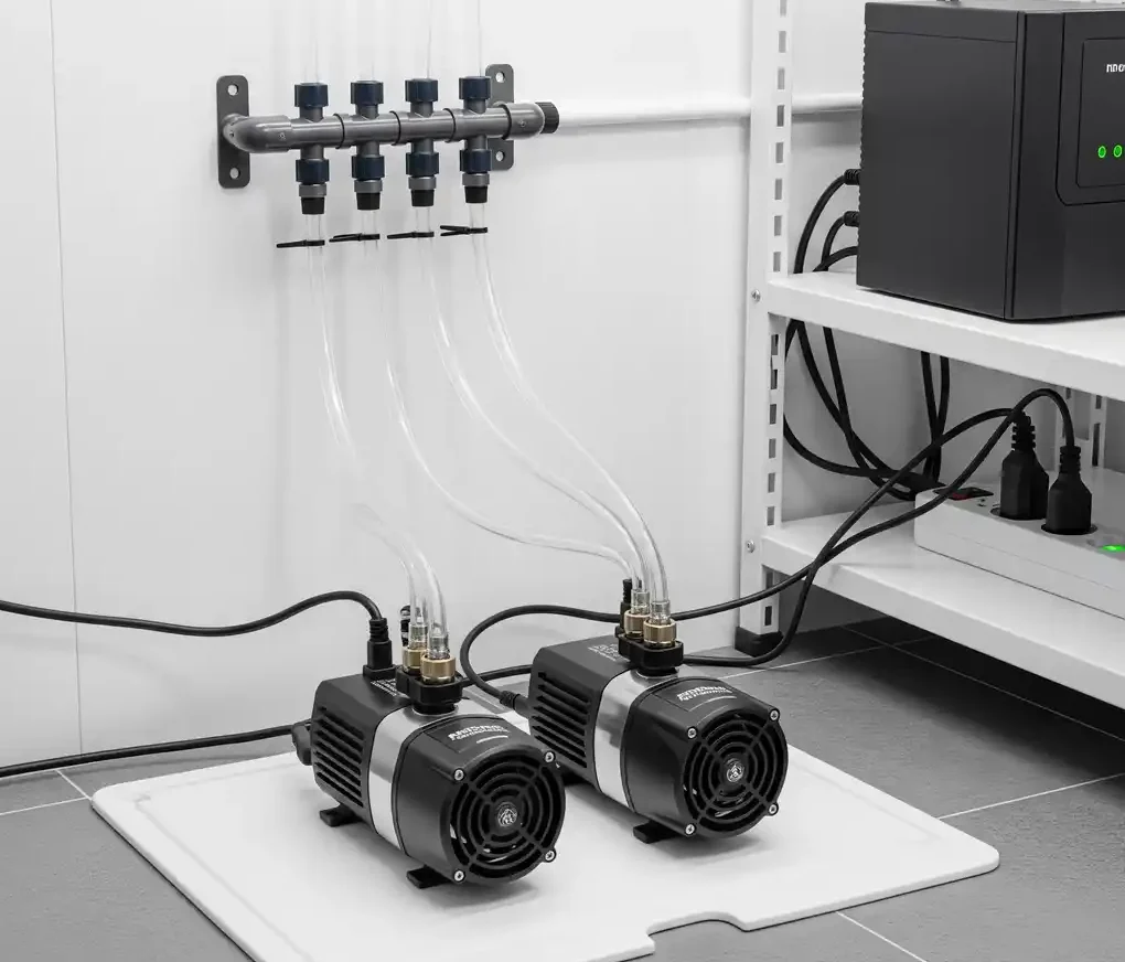 DWC Air Pumps 2025: Silence Your Grow Room Without 4 An image showing two smaller air pumps connected to a multi-bucket system
