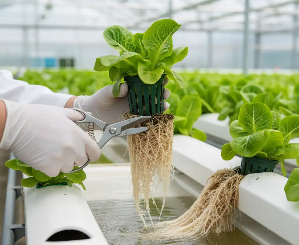 Trimming a plant's roots in an NFT system with pruning shears
