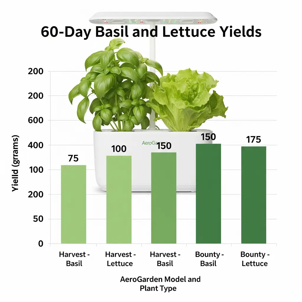 A bar chart comparing the 60-day basil and lettuce yields of the AeroGarden Harvest and Bounty models.