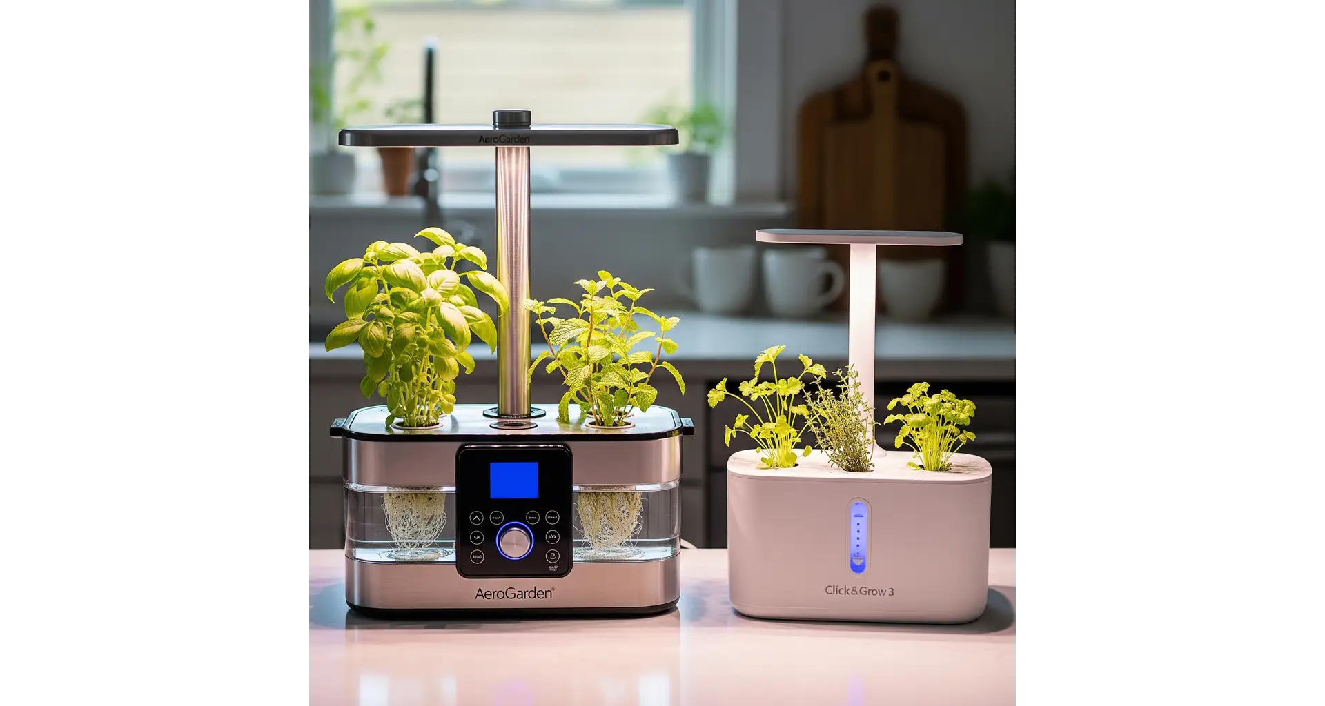 Hydroponic Herb Gardens Decoded: A Chef's Guide to 2 A close-up shot of an AeroGarden Harvest Elite and a Click & Grow 3 side-by-side on a kitchen counter, showing the different designs of two popular hydroponic herb garden kits.