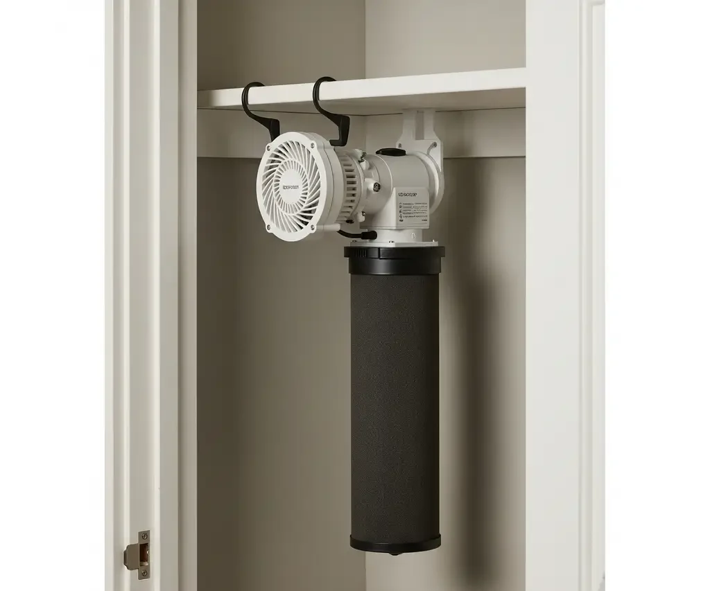 Vertical Hydroponics for Tiny Apartments: Your Anti-Eviction Survival Guide 6 A carbon filter and fan setup inside a closet for odor control in an apartment hydroponic system.