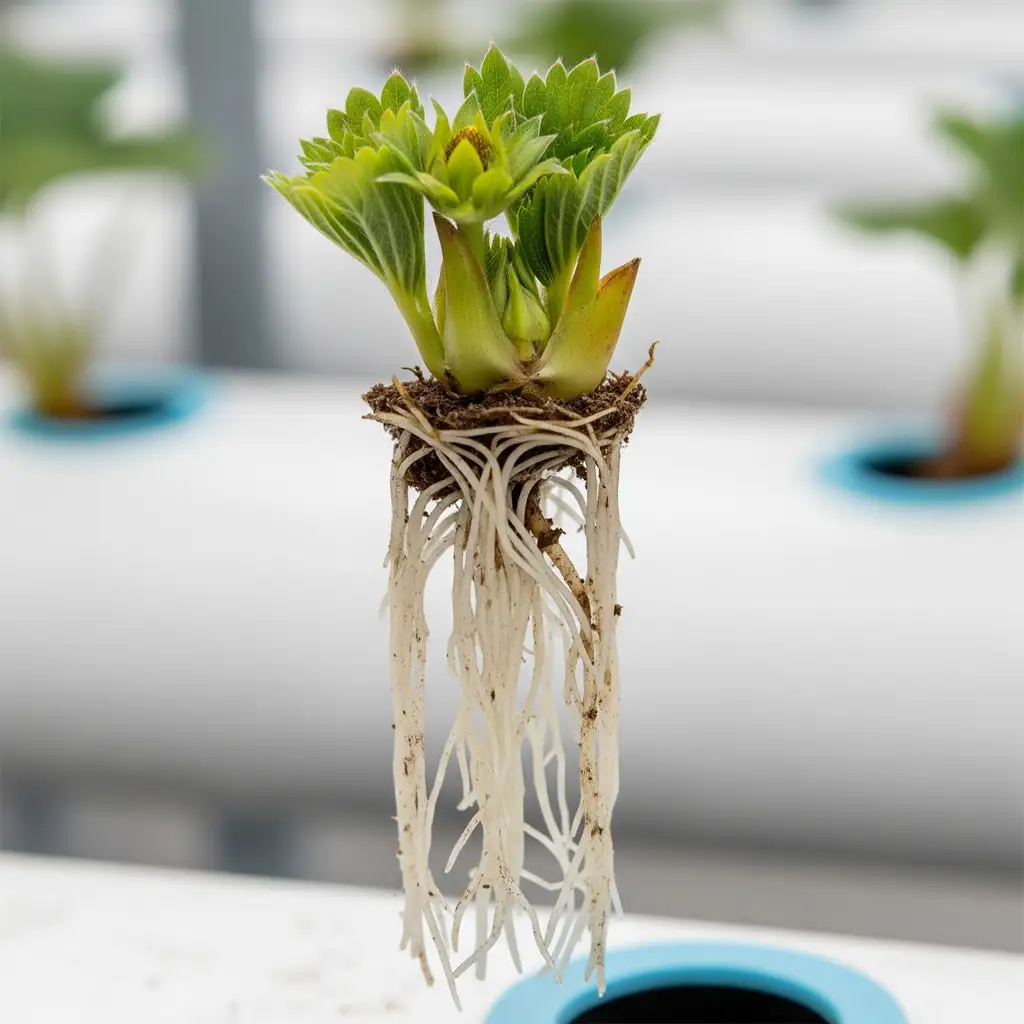Juicy Profits: Top Hydroponic System for Fruits & Berry Explosions 7 A strawberry bare root crown before planting for hydroponic strawberry harvest.