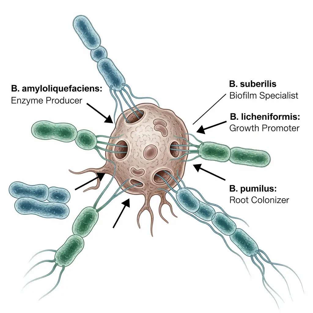 Hydroponic Microbes & Enzymes: Root Health Decoded 1 An infographic detailing the tactical functions of different beneficial microbial strains, including Bacillus amyloliqiens and B. subtilis, for hydroponic root health.
