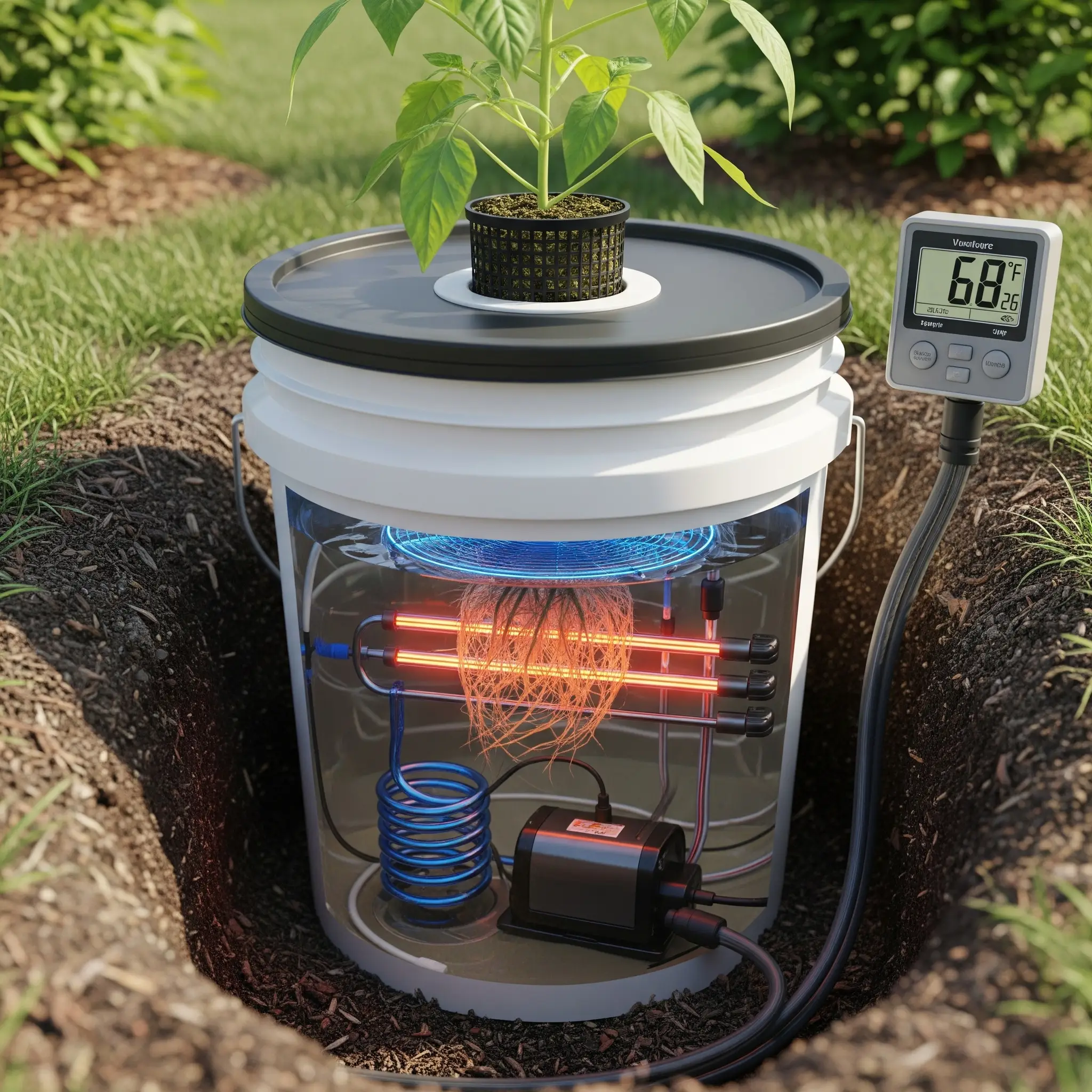 DIY Quiet DWC Hydroponics: Silence Air Pumps & Bucket Noise 5 A buried DWC bucket used for reservoir temperature control.