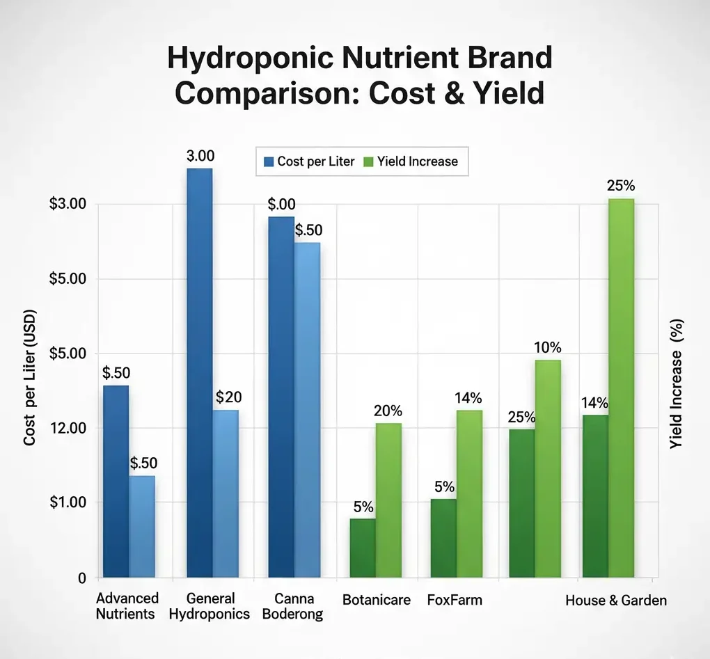 A bar chart visually comparing the cost per liter and yield increase of several popular hydroponic nutrient brands.