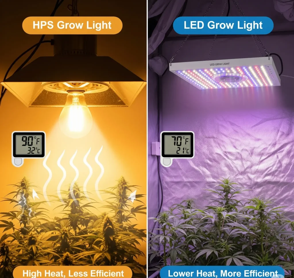 Hydroponic Power Savings: Cut Electricity by 40% 1 A side-by-side comparison of a traditional HPS grow light and a modern LED grow light, highlighting the difference in heat and efficiency.