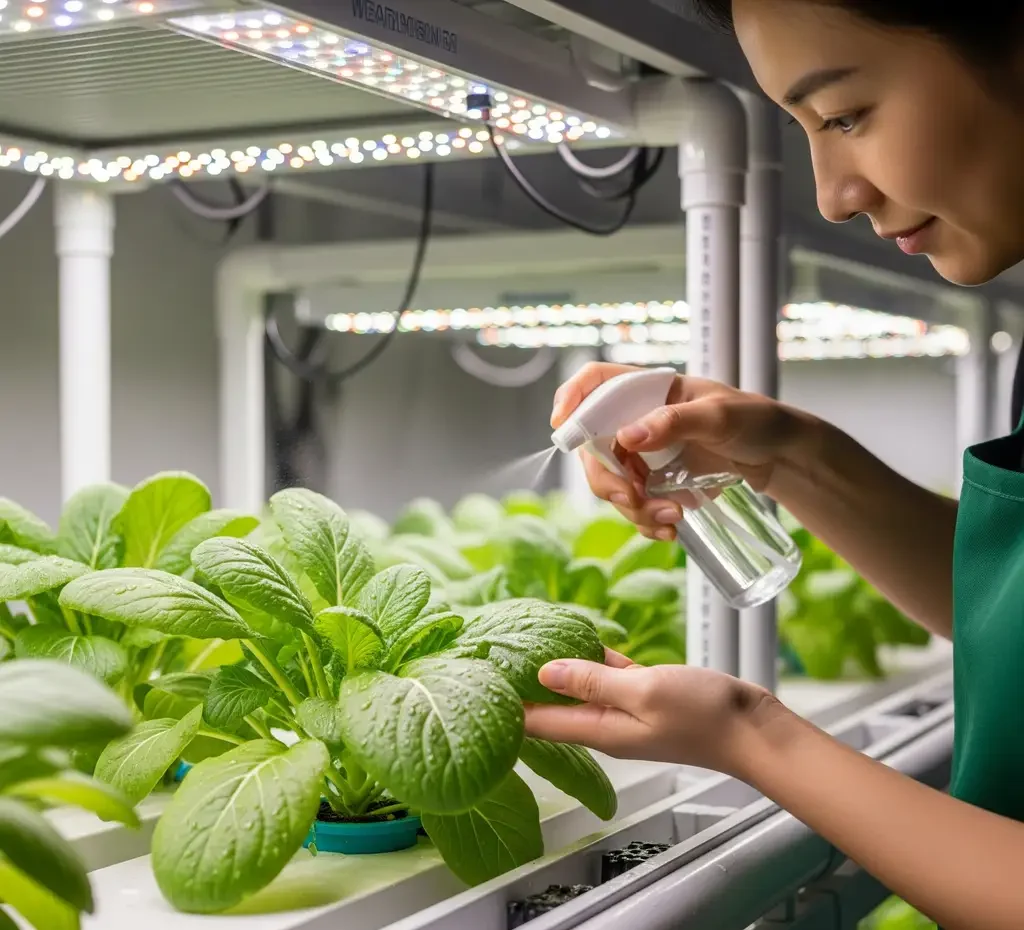 A hydroponic grower carefully misting the leaves of a plant with a foliar spray to provide a direct nutrient supplement.