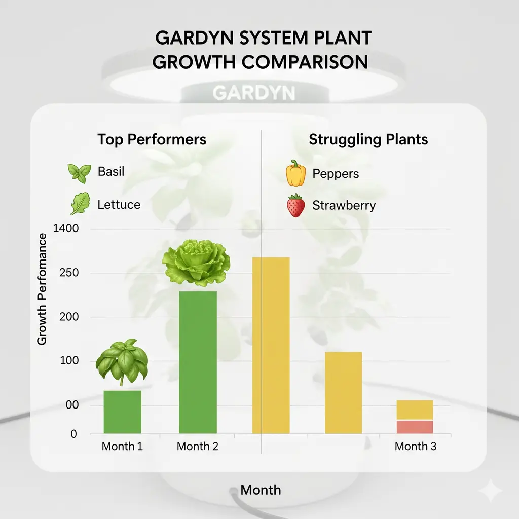 Gardyn Review 2025: Brutally Honest Pros, Cons & Who Should Buy 3 A chart comparing the growth performance of top-performing plants like basil and lettuce with struggling plants like peppers and strawberries in a Gardyn system.