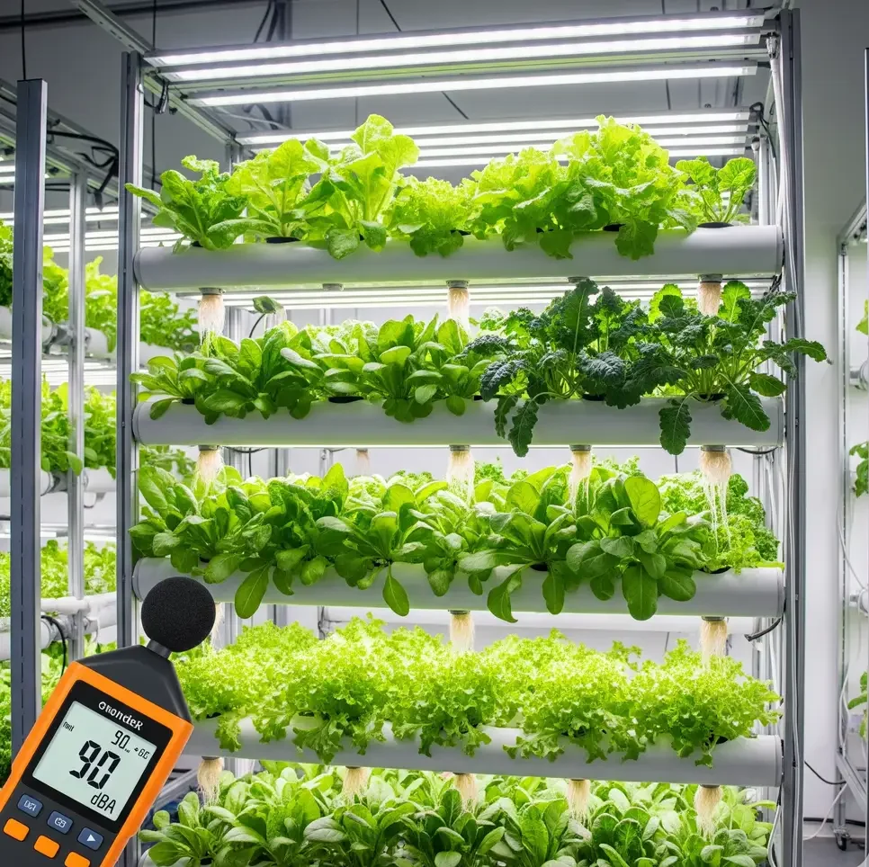 Vertical Hydro Wars 2025: The Noise, Yield & Cost Truth 3 A full-rack hydroponic system with a decibel meter in the foreground, demonstrating the noise levels of high-yield setups.