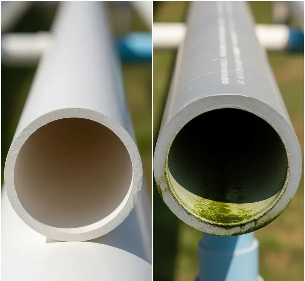 The Ugly Truth About NFT Kits (And How to Avoid the Scams) 1 A visual comparison of a food-grade UV-stabilized NFT hydroponic channel and a non-food-grade uPVC pipe with algae inside.