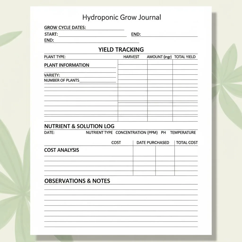 Hydroponic grow journal template for tracking yield and costs