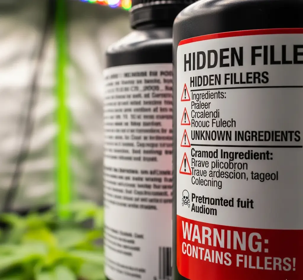 A close-up shot of a blurry, vague hydroponic nutrient label next to a clearly labeled one, showing the red flags of hidden fillers and ingredients.
