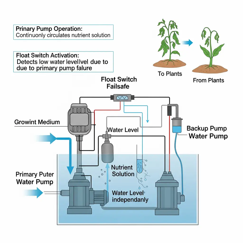  A diagram illustrating a hydroponic pump with a float switch failsafe, showing how a backup system can prevent a crop from wilting due to pump failure.