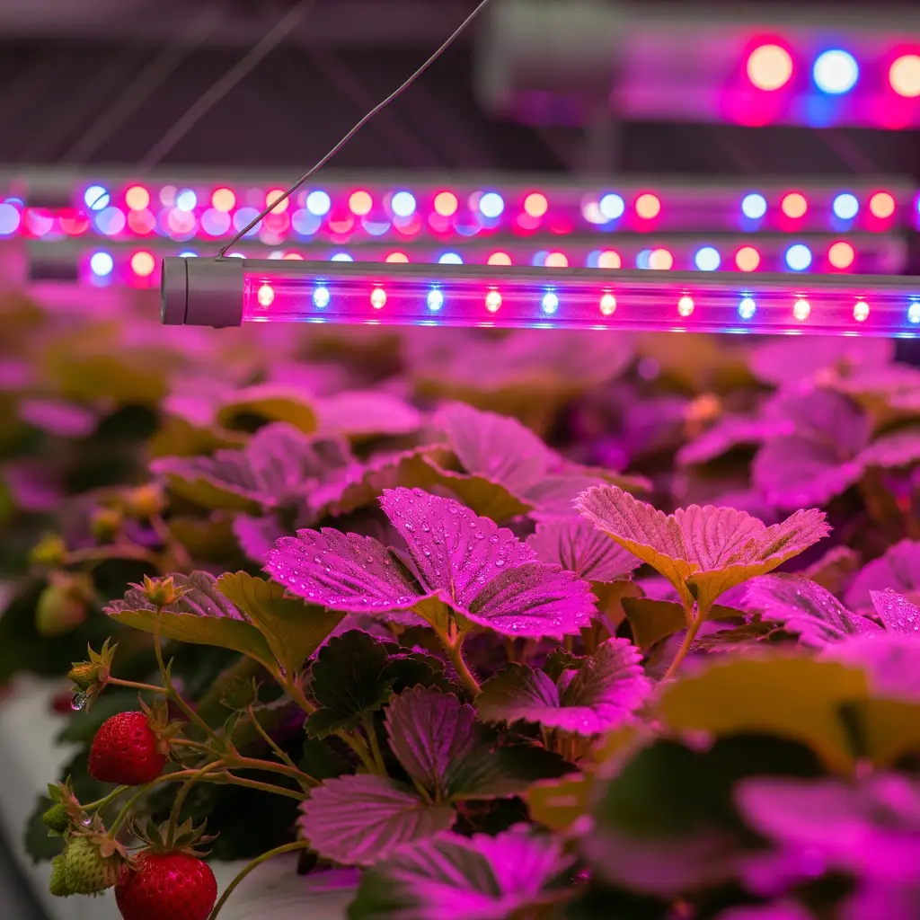 Juicy Profits: Top Hydroponic System for Fruits & Berry Explosions 3 A closeup of LED grow lights hanging over hydroponic strawberry plants, showing the mix of red and blue light.