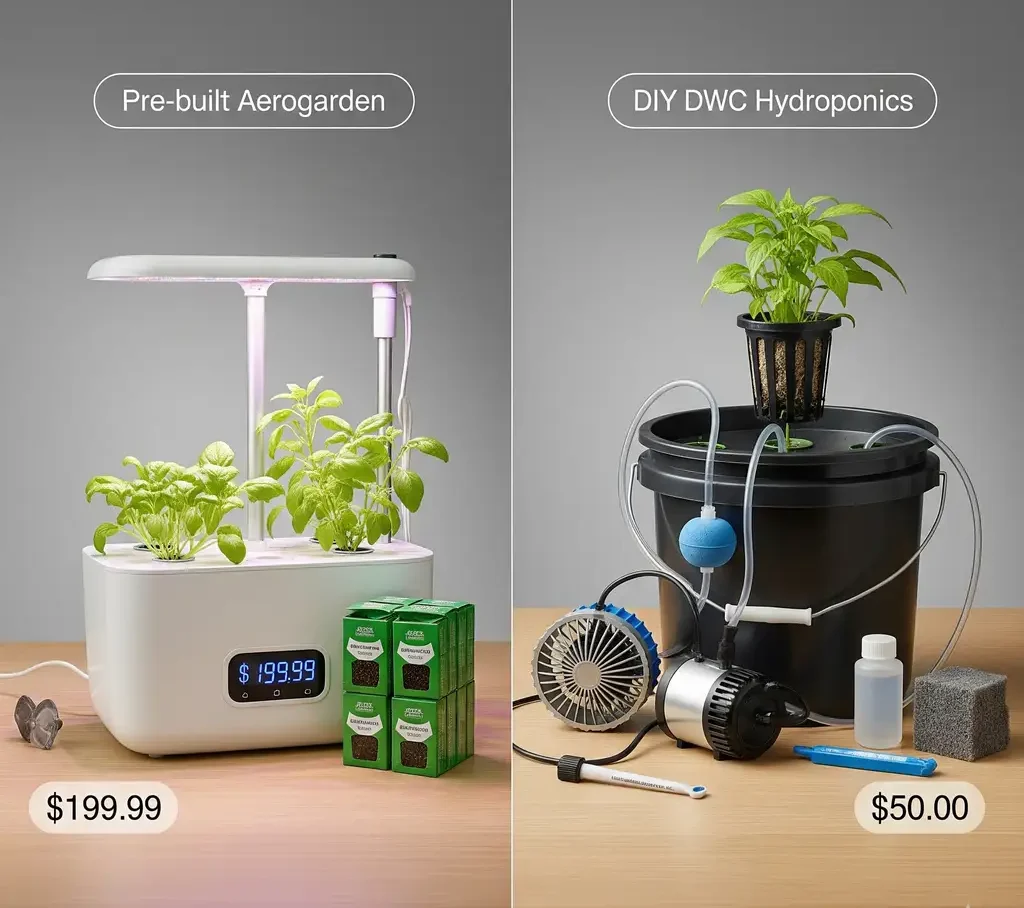 A side-by-side comparison of a pre-built Aerogarden kit and a DIY DWC hydroponic system, highlighting the difference in cost and components.
