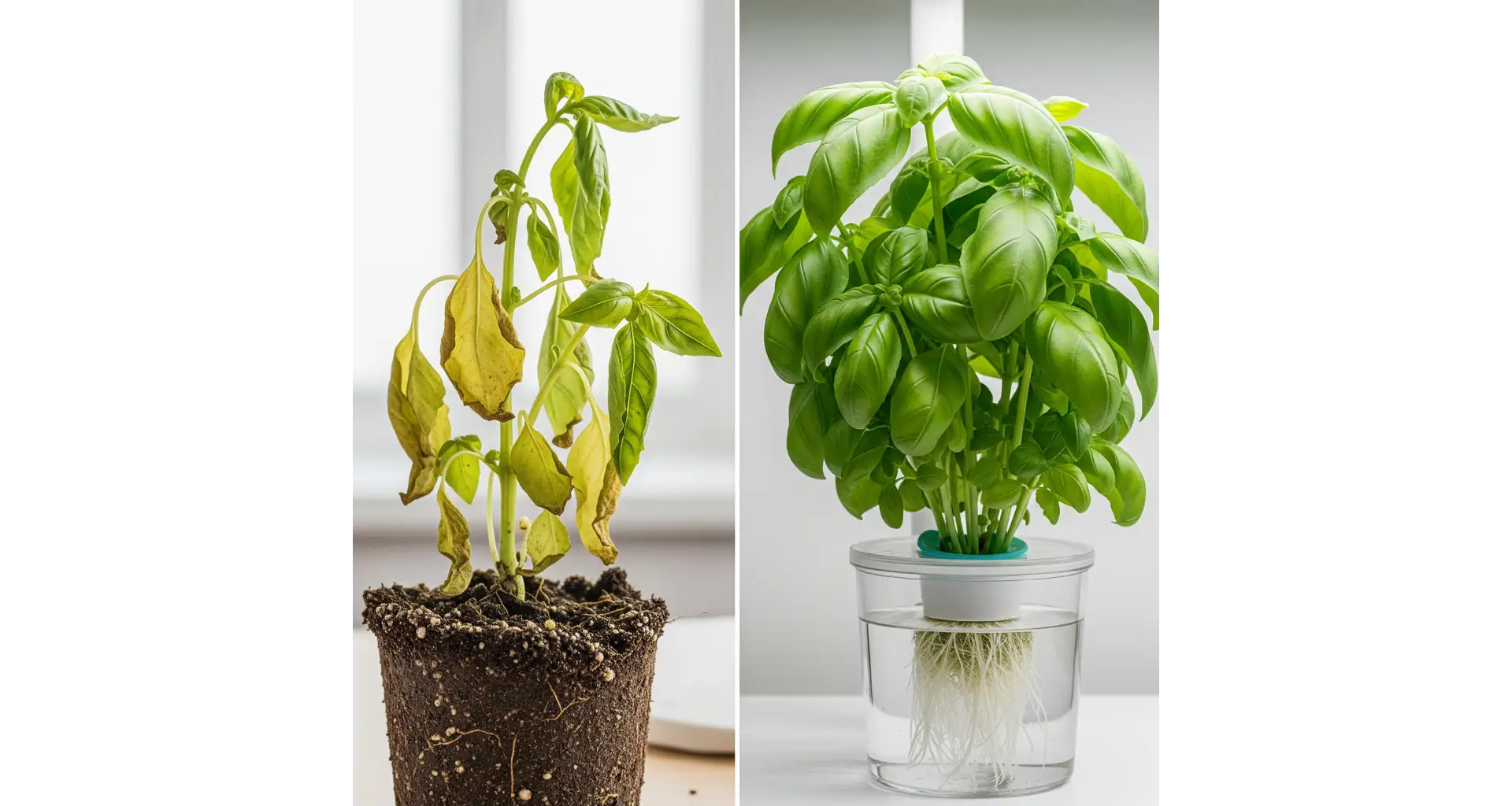 Hydroponic Herb Gardens Decoded: A Chef's Guide to 1 A side-by-side comparison showing a sad, yellowed basil plant in soil next to a lush, vibrant hydroponic basil plant to illustrate the benefits of hydroponic herb growing.