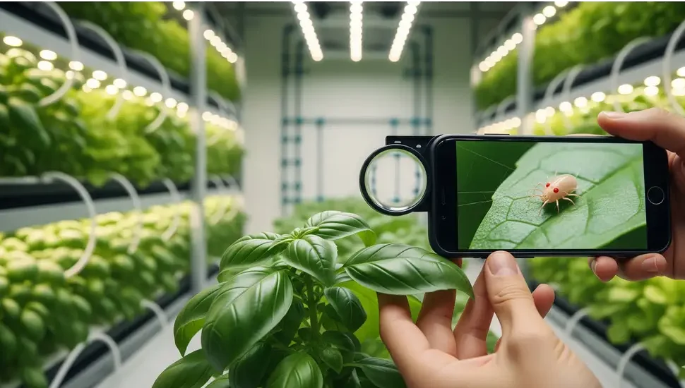 Thrips damage on hydroponic basil leaf | Silvery scarring and black fecal specks