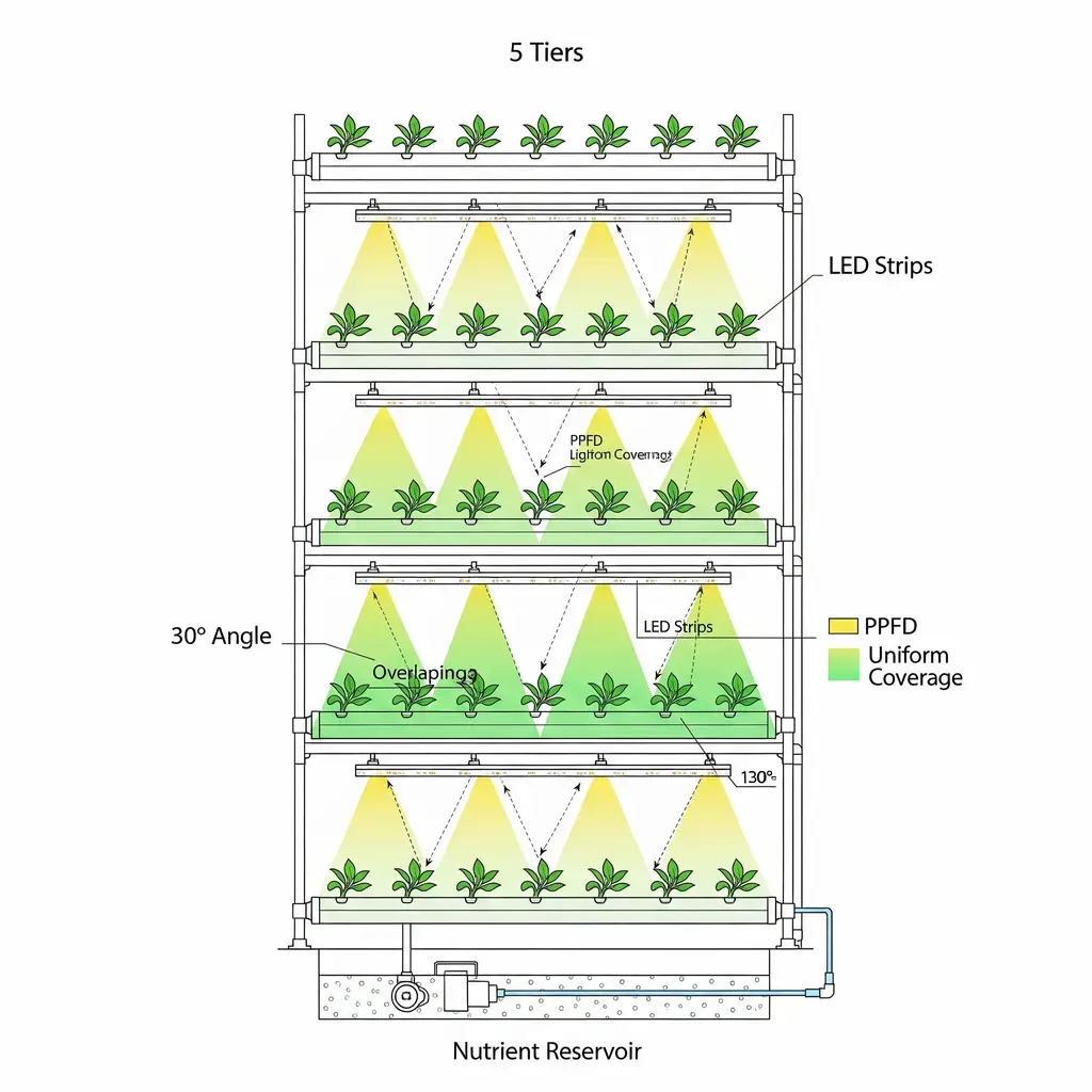 Vertical Hydroponics for Tiny Apartments: Your Anti-Eviction Survival Guide 3 A blueprint of a vertical garden showing LED strip placement and how angled lighting creates uniform PPFD coverage.
