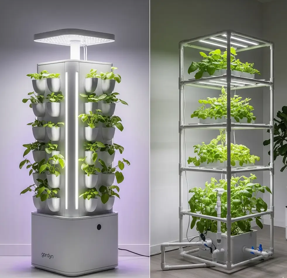 Vertical Hydro Wars 2025: The Noise, Yield & Cost Truth 2 A visual comparison of a high-end, minimalist vertical hydroponic garden and a more functional, utilitarian PVC rack system.