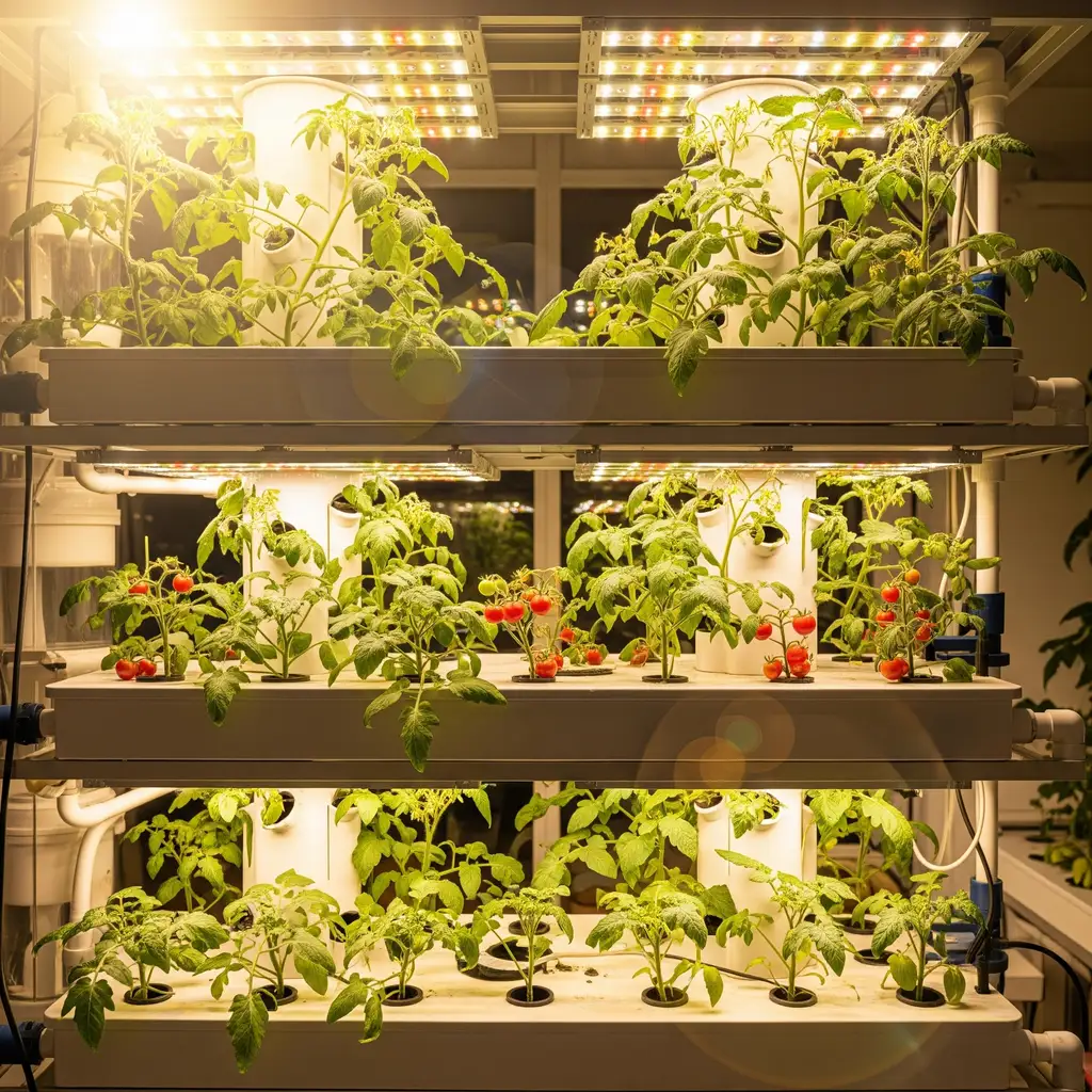 Juicy Profits: Top Hydroponic System for Fruits & Berry Explosions 2 A vibrant, productive vertical hydroponic system with small tomato plants.