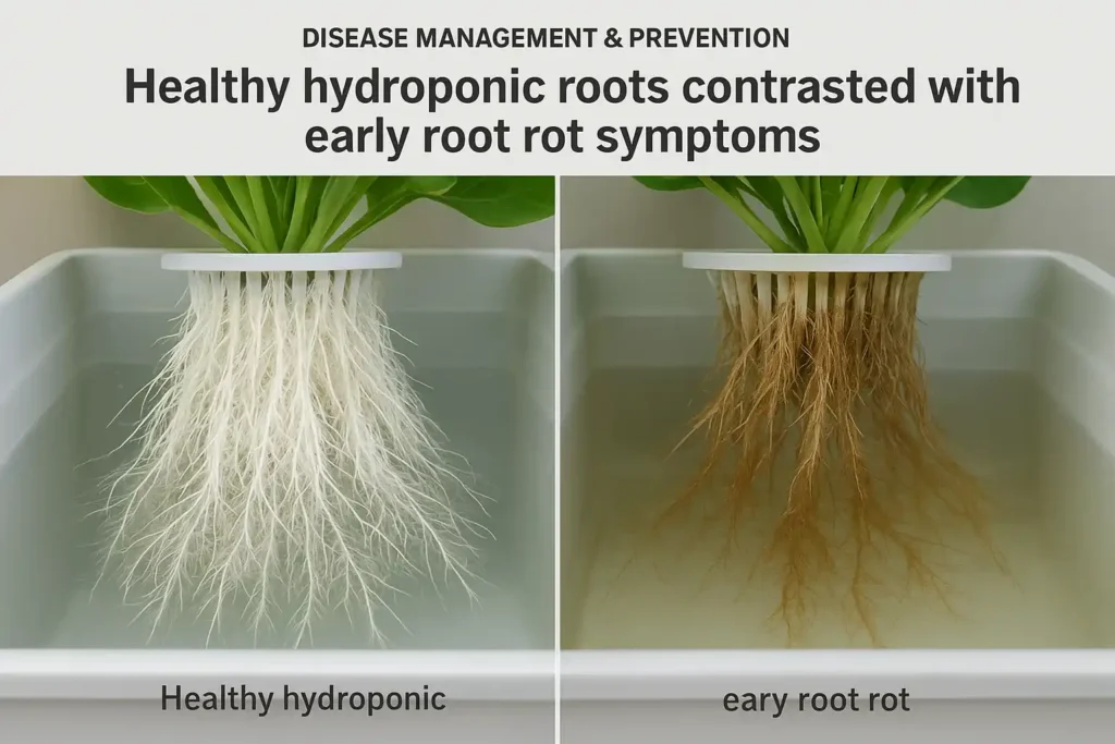 A side-by-side or composite image showing healthy, white, oxygenated hydroponic roots next to roots exhibiting early signs of browning and sliminess, indicative of root rot.