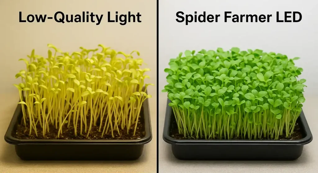 The Best Microgreen Kits: Restaurant-Quality Greens in 2025 8 Microgreens under bad light vs good light comparison | best LED grow light spectrum for flavor