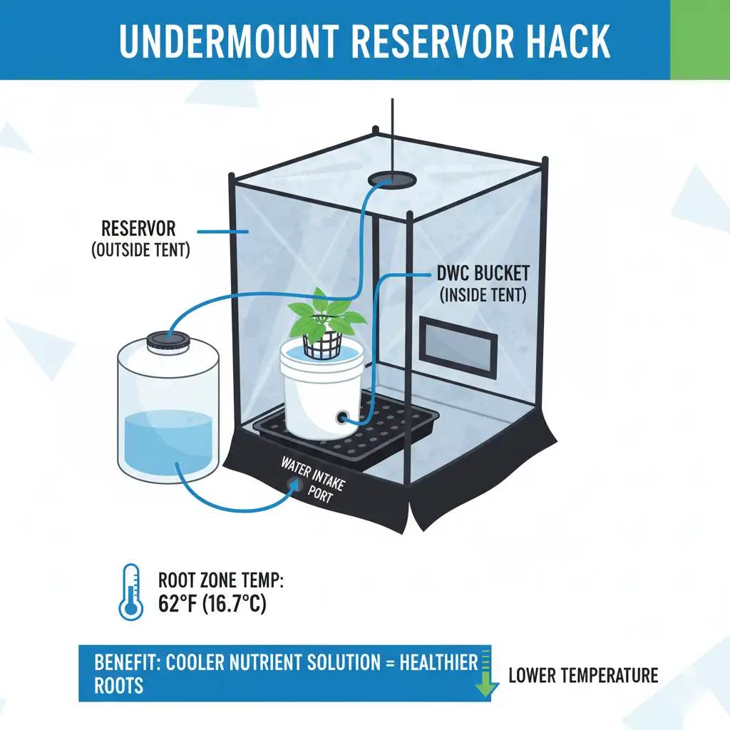Diagram showing how to place a DWC reservoir outside the tent to lower water temperature and prevent root rot.