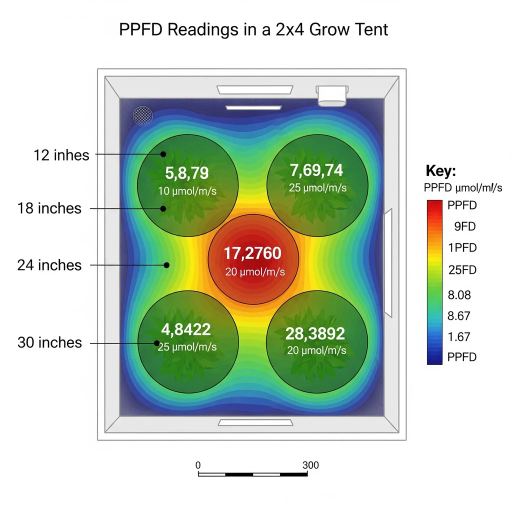 An overhead map of a 2x4 grow tent showing the PPFD readings at the center and edges of the plant canopy at various light hanging heights.