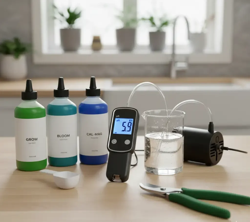 A collection of essential hydroponic tools, including a digital pH pen, air pump, and nutrients, on a clean surface.