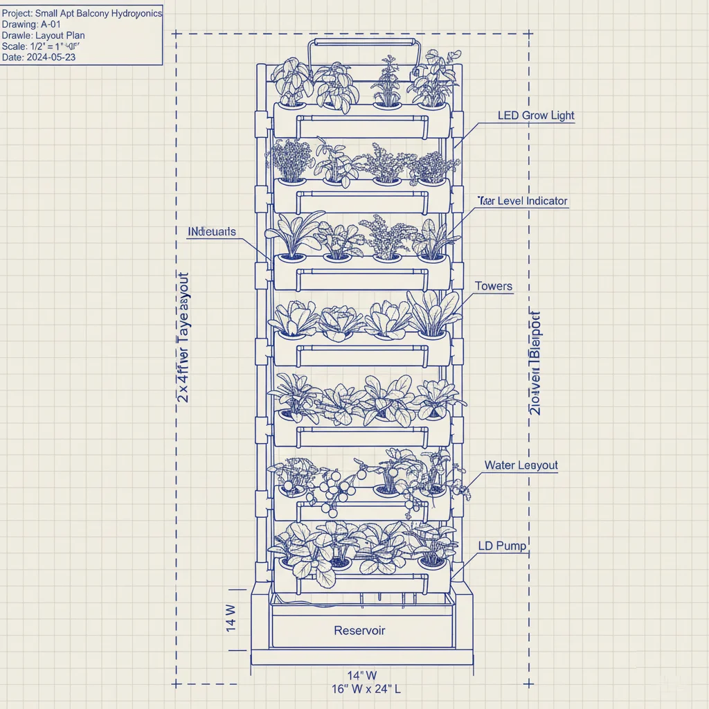 Vertical Hydroponics for Tiny Apartments: Your Anti-Eviction Survival Guide 2 Blueprint Box 1 - 2x4ft Tower Layout Blueprint Dimensions: Reservoir: 16" W x 24" L. Towers: 14" W.