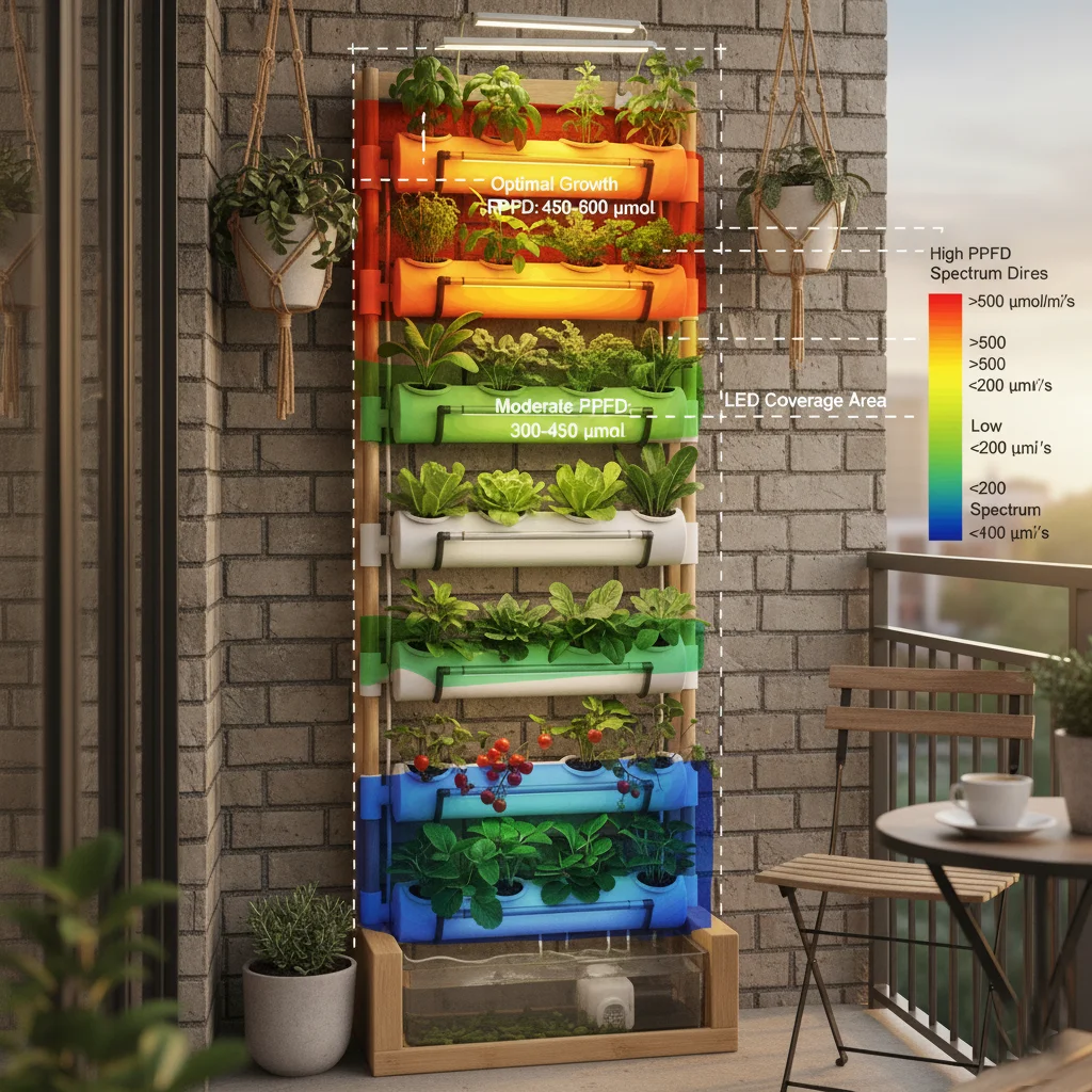Vertical Hydroponics for Tiny Apartments: Your Anti-Eviction Survival Guide 4 PPFD measurement for vertical hydroponic rack | Small apartment LED coverage.