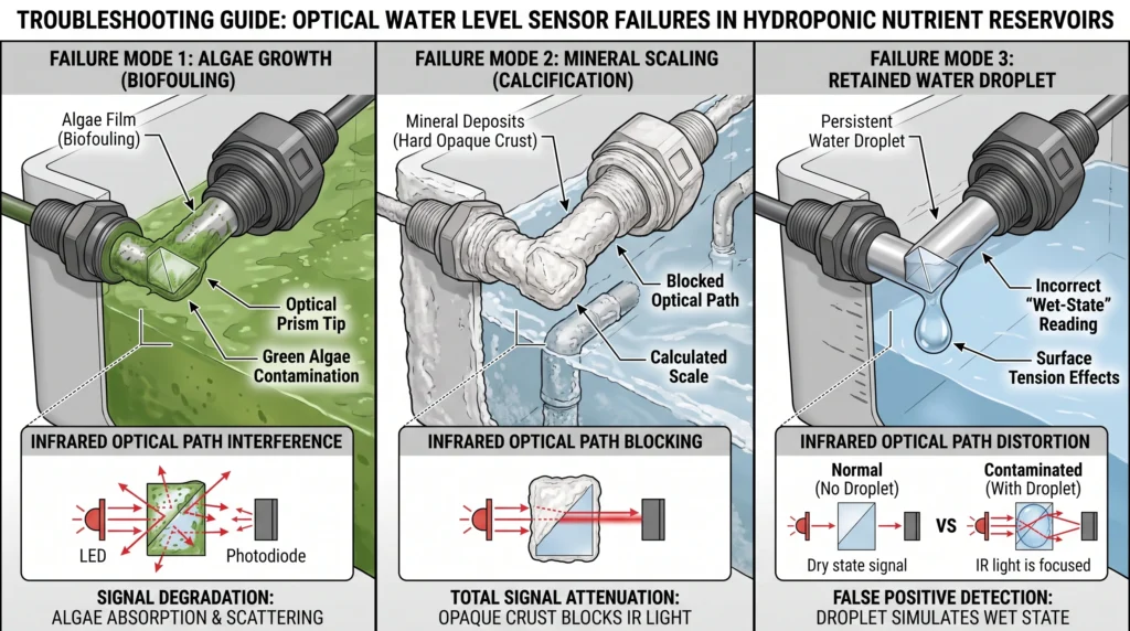 Optical Water Level Sensors vs Float Switches: 4 Optical water level sensor failure caused by algae, mineral scaling, and retained droplets