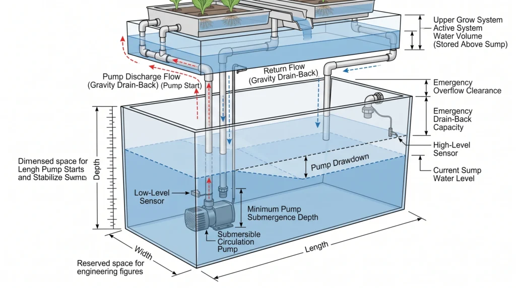 Optical Water Level Sensors vs Float Switches: 6 Hydroponic sump tank showing low-level and high-level sensor placement and drain-back volume