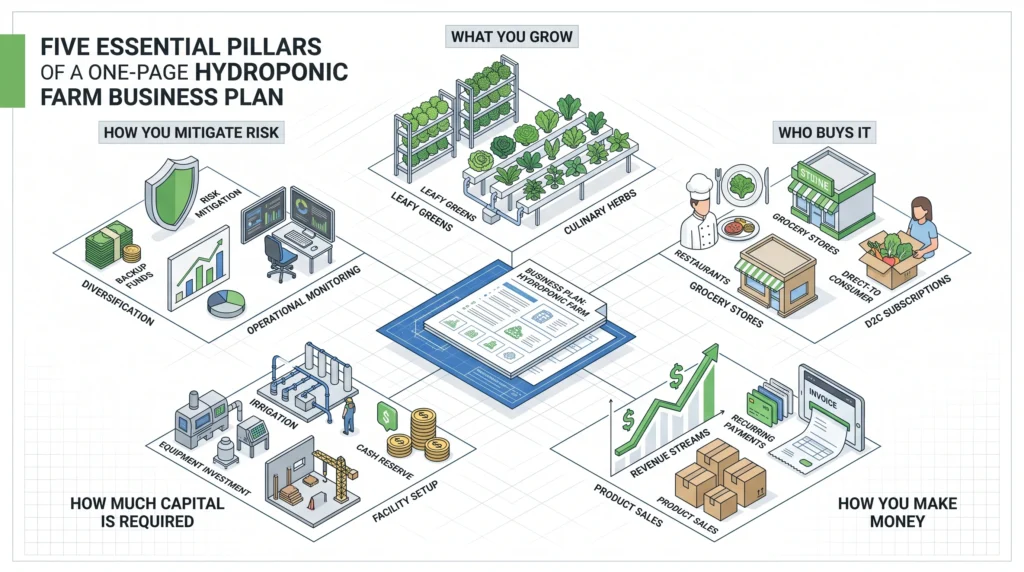 Five-pillar infographic showing crops, customers, revenue, capital requirements, and risk management in a hydroponic farm business plan