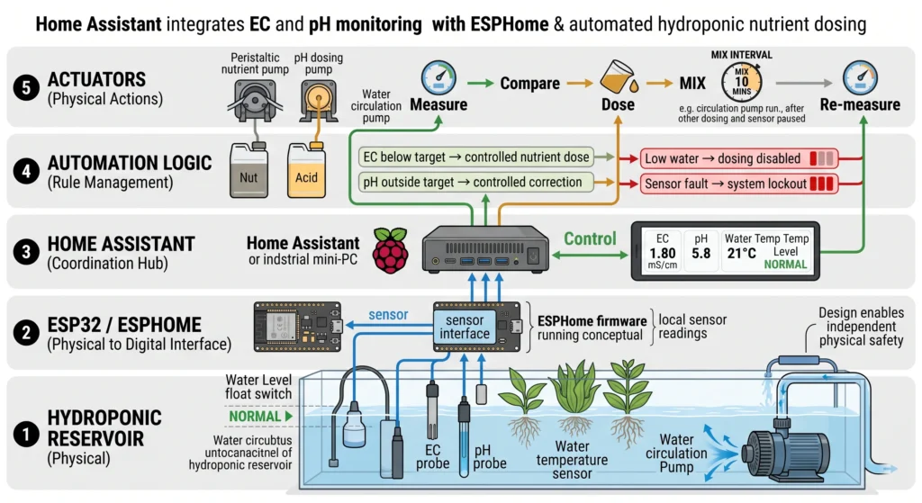 Advanced hydroponic automation diagram showing Home Assistant connected through ESPHome to EC and pH sensors, reservoir monitoring, and peristaltic nutrient dosing pumps.