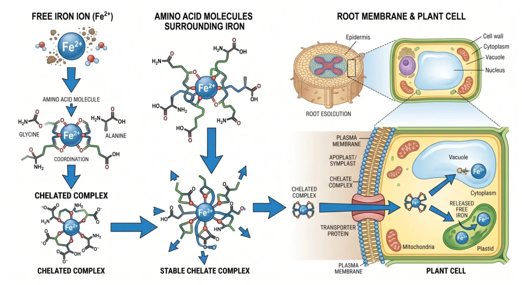 Organic Hydroponic Nutrients: Bio-Digesters & Veganics 5 Scientific illustration showing an amino acid molecule chelating an iron ion and transporting it into plant root cells for improved micronutrient absorption.