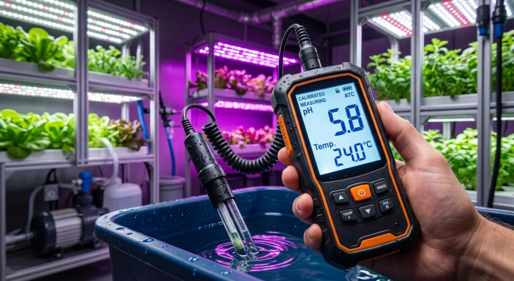 Digital pH meter displaying temperature compensation while testing hydroponic nutrient solution