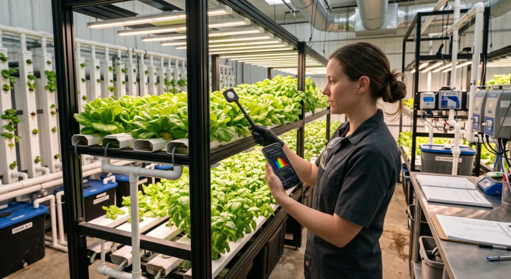 Indoor grower deciding between a professional PAR meter and a smartphone light meter app.
