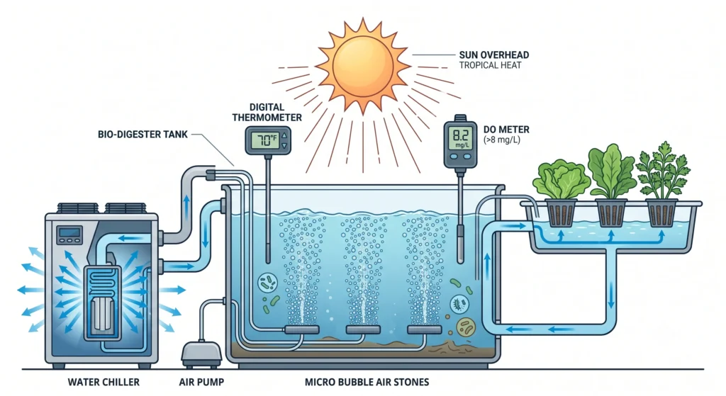 Organic Hydroponic Nutrients: Bio-Digesters & Veganics 3 Infographic showing an organic hydroponic bio-digester with a water chiller, strong aeration, and dissolved oxygen management to prevent anaerobic conditions in tropical environments.