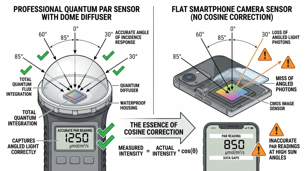 Comparison of accurate cosine-corrected light measurement versus flat smartphone camera light collection.