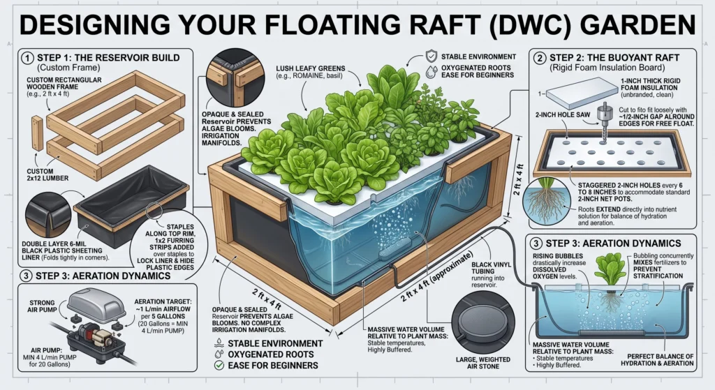 The Ultimate DIY Hydroponic System Blueprint: From Seed to Harvest 2 Comprehensive infographic illustrating how to build a DIY Deep Water Culture (DWC) floating raft hydroponic garden, including reservoir construction, foam raft with net pot holes, air pump and air stone installation, oxygenation, and leafy green cultivation.