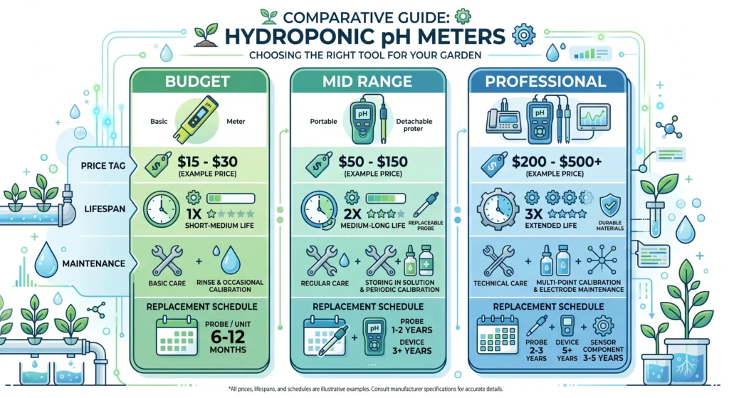Visual comparison of long term ownership cost for budget mid range and professional hydroponic pH meters