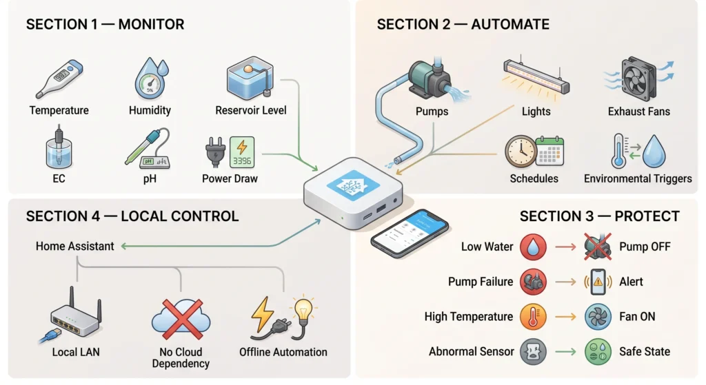 Infographic showing Home Assistant hydroponics functions: monitoring, automation, fail-safe protection, and local offline control.