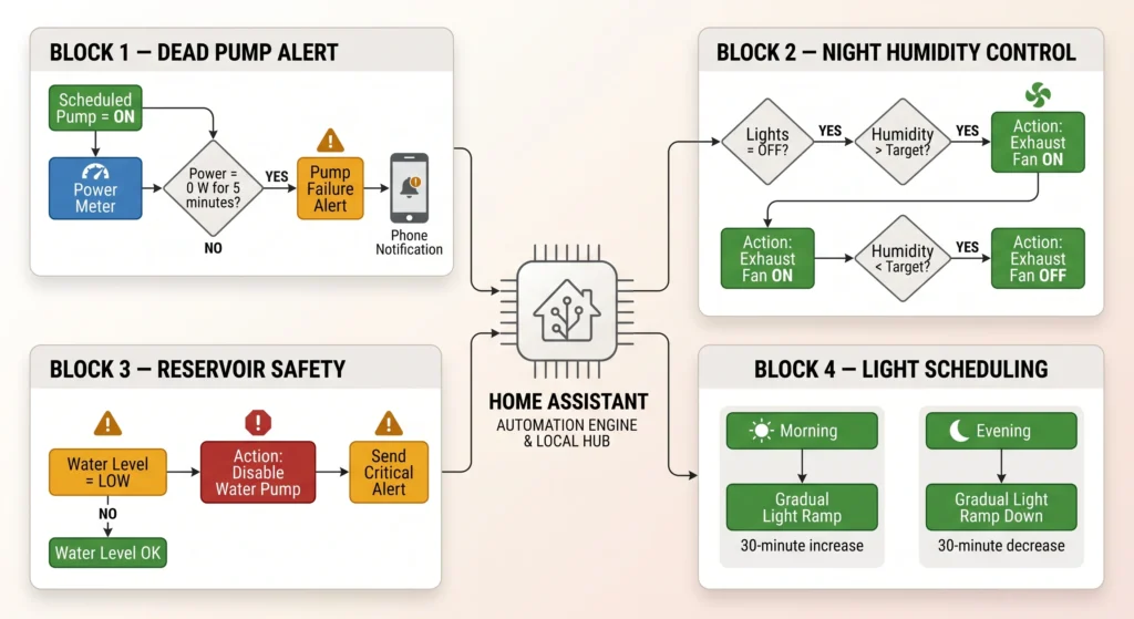 Flowchart showing Home Assistant automation rules for pump failure, night humidity, reservoir low level, and grow-light scheduling.