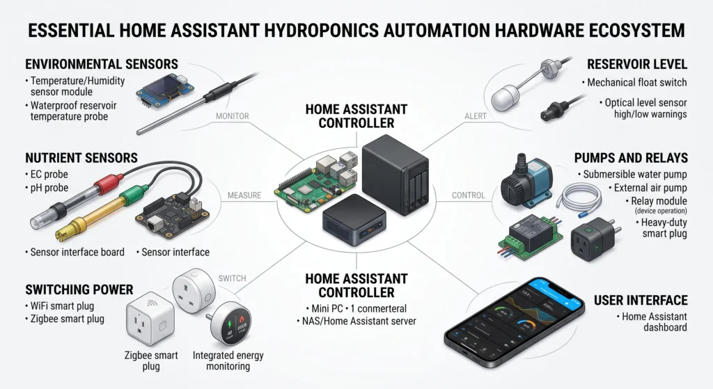 Technical infographic showing smart plugs, temperature sensors, reservoir level sensors, pumps, relays, EC and pH sensor boards, and Raspberry Pi Home Assistant hardware.