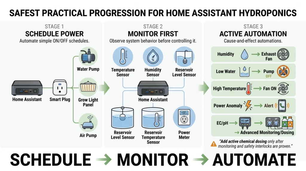 Three-stage infographic showing hydroponic automation progressing from smart-plug scheduling to sensor monitoring and finally active trigger-based control.