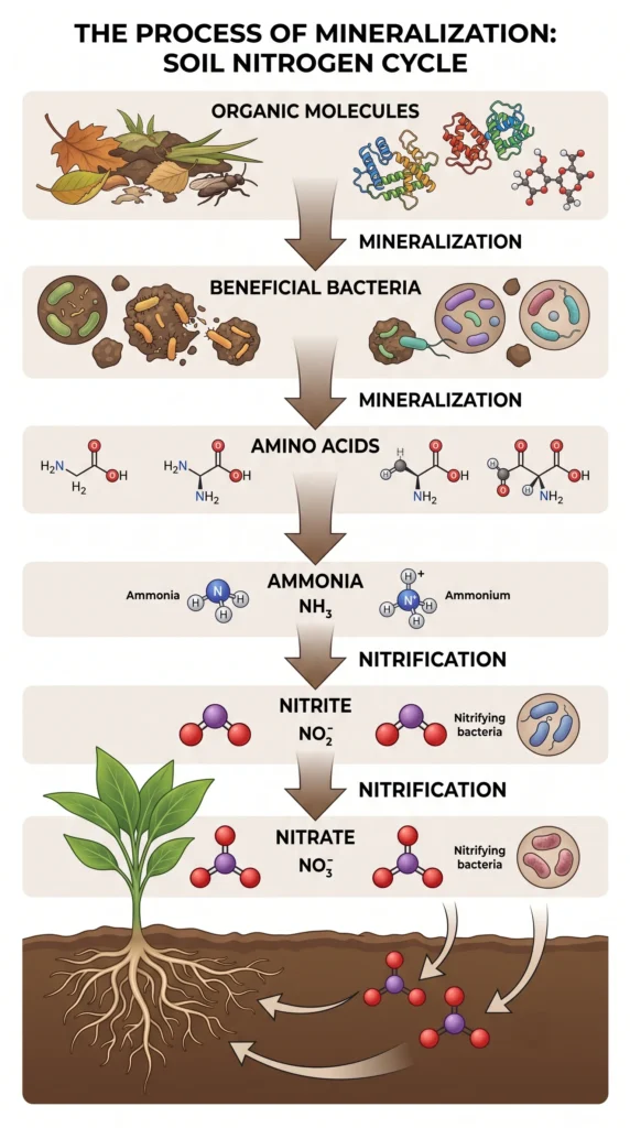 Organic Hydroponic Nutrients: Bio-Digesters & Veganics 1 Scientific infographic showing beneficial bacteria breaking down complex organic nutrients into plant-available nitrate, phosphate, potassium, and micronutrients inside an organic hydroponic system.